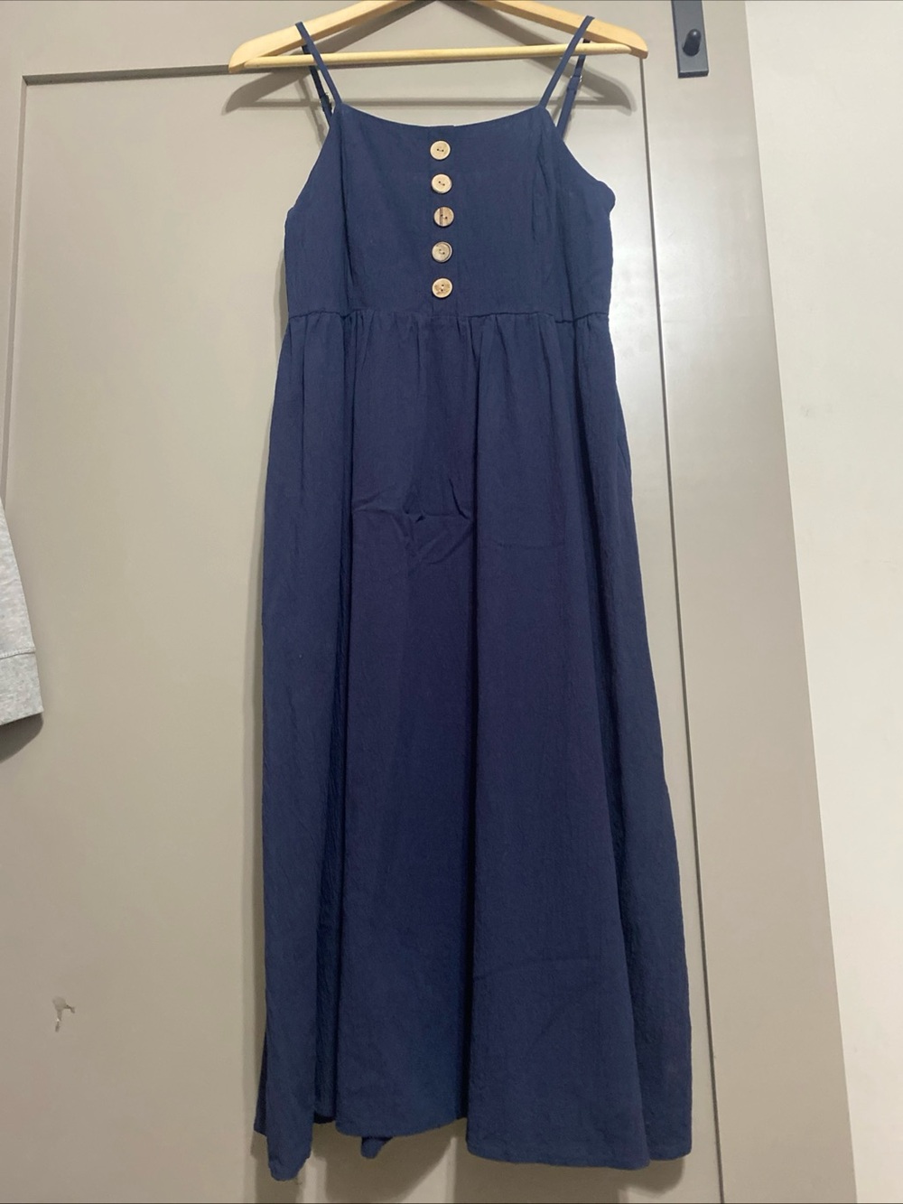 Tickled Teal Navy Spaghetti-Strap Midi Dress with Button Front
